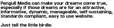 Pengull Media can make your dreams come true, especially if those dreams are for an attractive, informative, dynamic, manageable, self-sustaining, standards compliant, easy to use website. Just tell the little birdie.